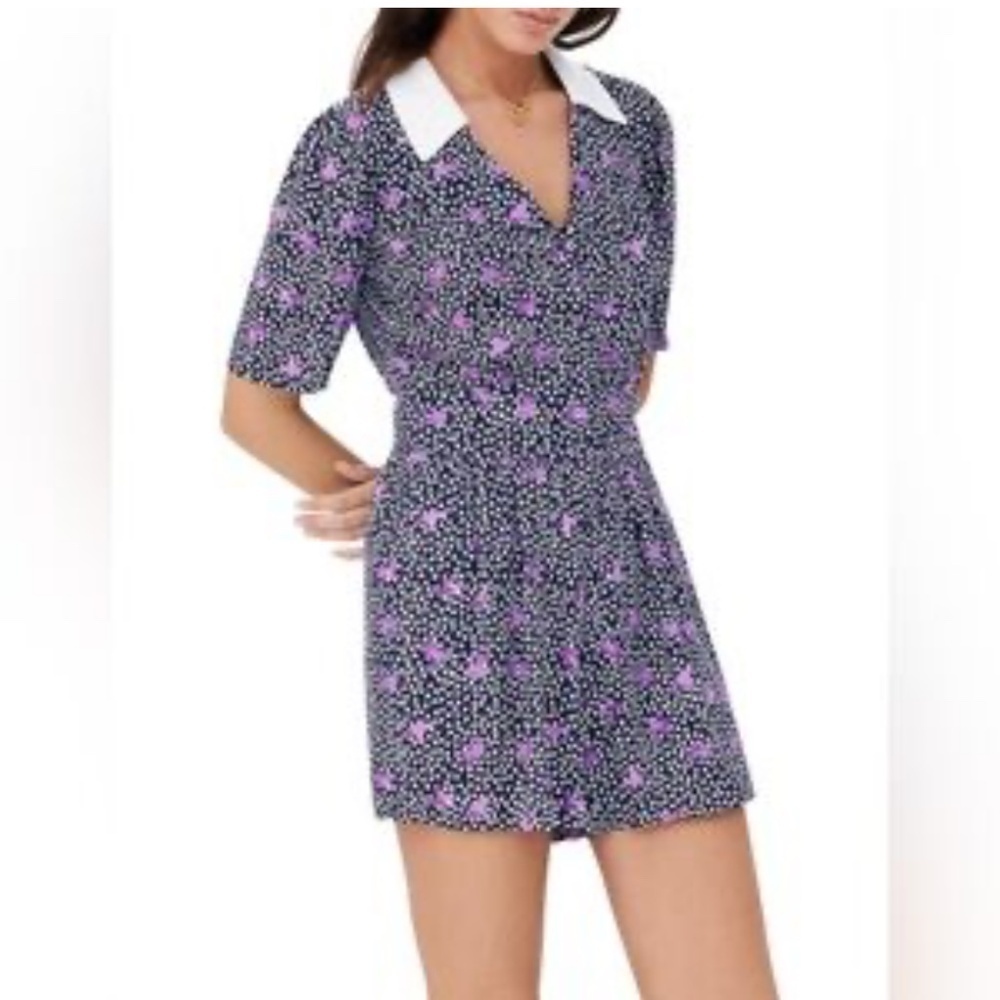 Maje Romper Black White Purple Print Button Front Collar Pockets One Piece Short